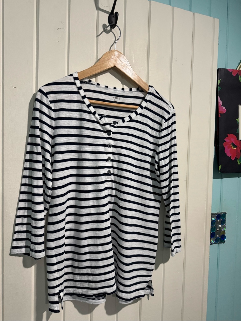 LOFT Black & White Striped Henley Long Sleeve Top